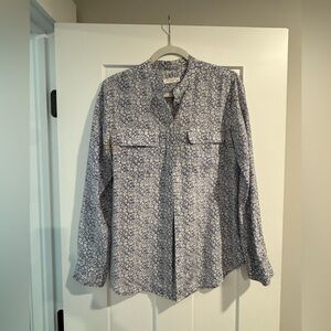 Equipment XS blue cream floral button up 100% silk long sleeve blouse